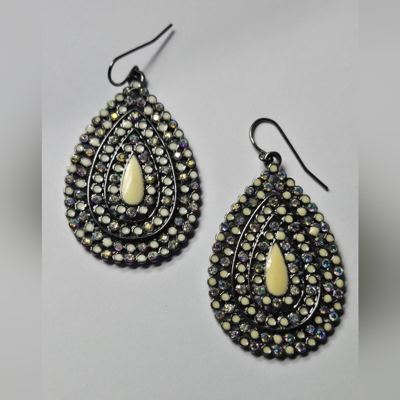 Black Gray Tone Purple Rhinestoned Tan Enamel Teardrop Earrings - Picture 5 of 15